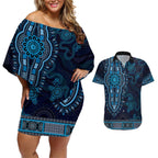 Blue African Dashiki With Australia Aboriginal Art Couples Matching Off Shoulder Short Dress and Hawaiian Shirt
