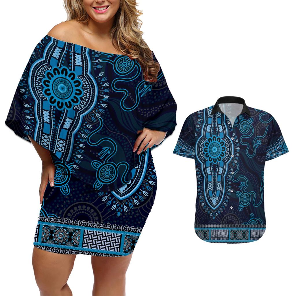 Blue African Dashiki With Australia Aboriginal Art Couples Matching Off Shoulder Short Dress and Hawaiian Shirt