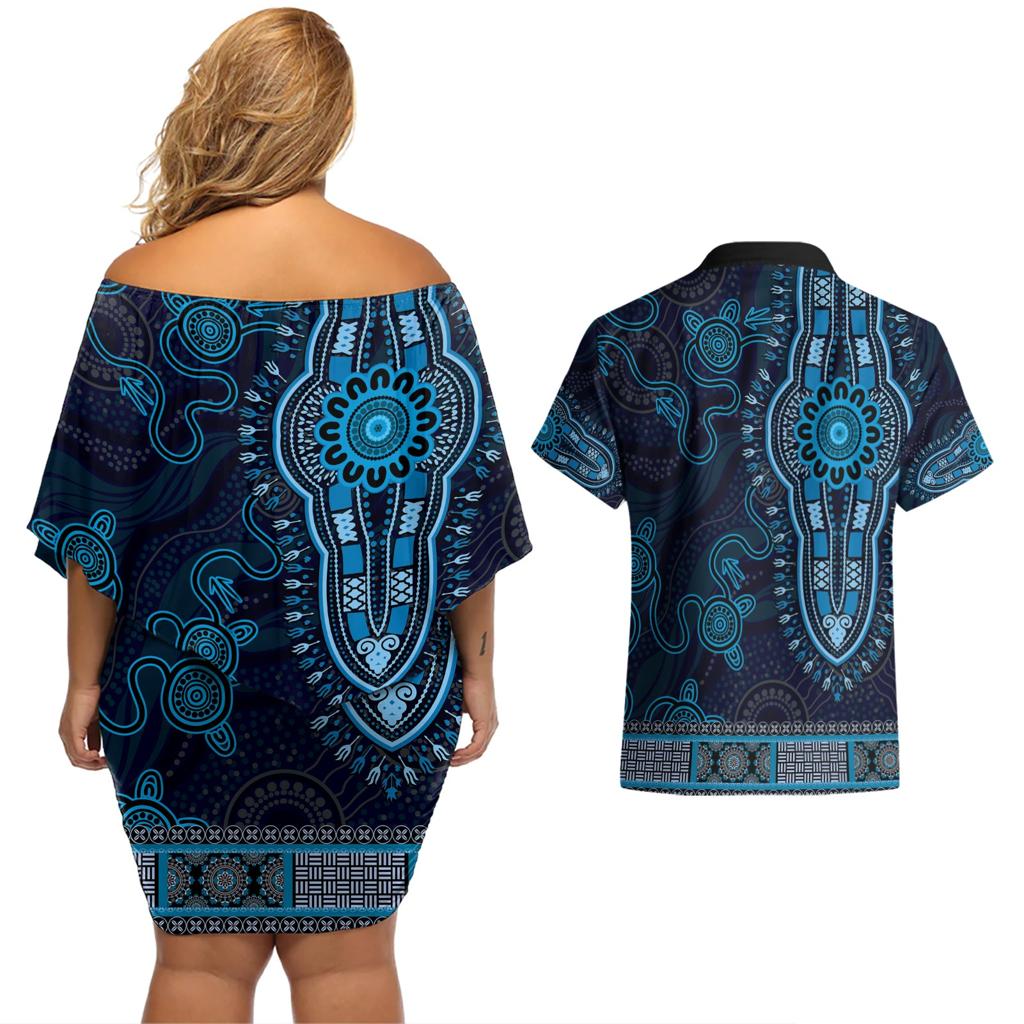 Blue African Dashiki With Australia Aboriginal Art Couples Matching Off Shoulder Short Dress and Hawaiian Shirt