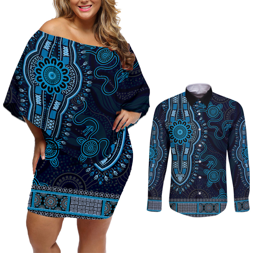 Blue African Dashiki With Australia Aboriginal Art Couples Matching Off Shoulder Short Dress and Long Sleeve Button Shirt