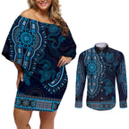 Blue African Dashiki With Australia Aboriginal Art Couples Matching Off Shoulder Short Dress and Long Sleeve Button Shirt