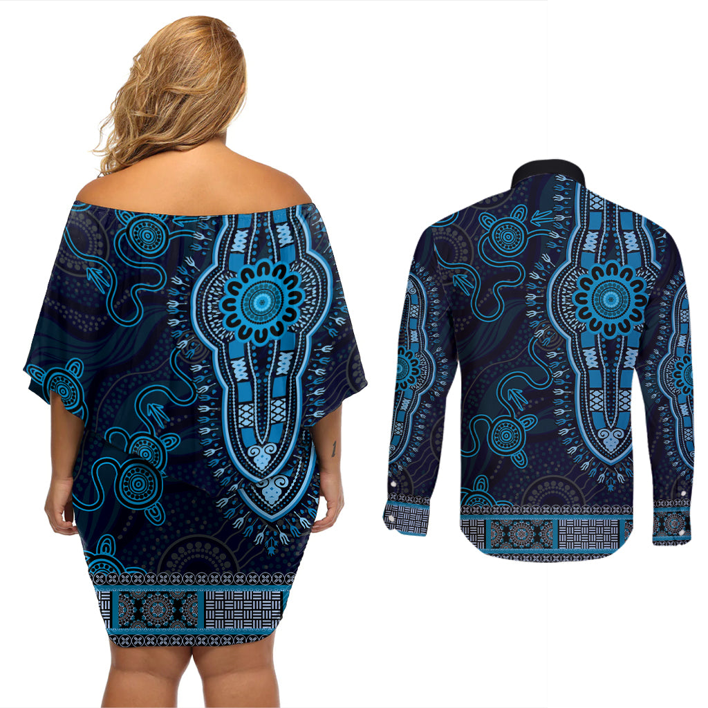 Blue African Dashiki With Australia Aboriginal Art Couples Matching Off Shoulder Short Dress and Long Sleeve Button Shirt