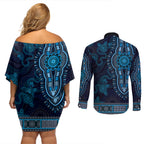 Blue African Dashiki With Australia Aboriginal Art Couples Matching Off Shoulder Short Dress and Long Sleeve Button Shirt