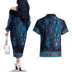 Blue African Dashiki With Australia Aboriginal Art Couples Matching Off The Shoulder Long Sleeve Dress and Hawaiian Shirt