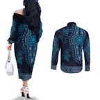 Blue African Dashiki With Australia Aboriginal Art Couples Matching Off The Shoulder Long Sleeve Dress and Long Sleeve Button Shirt