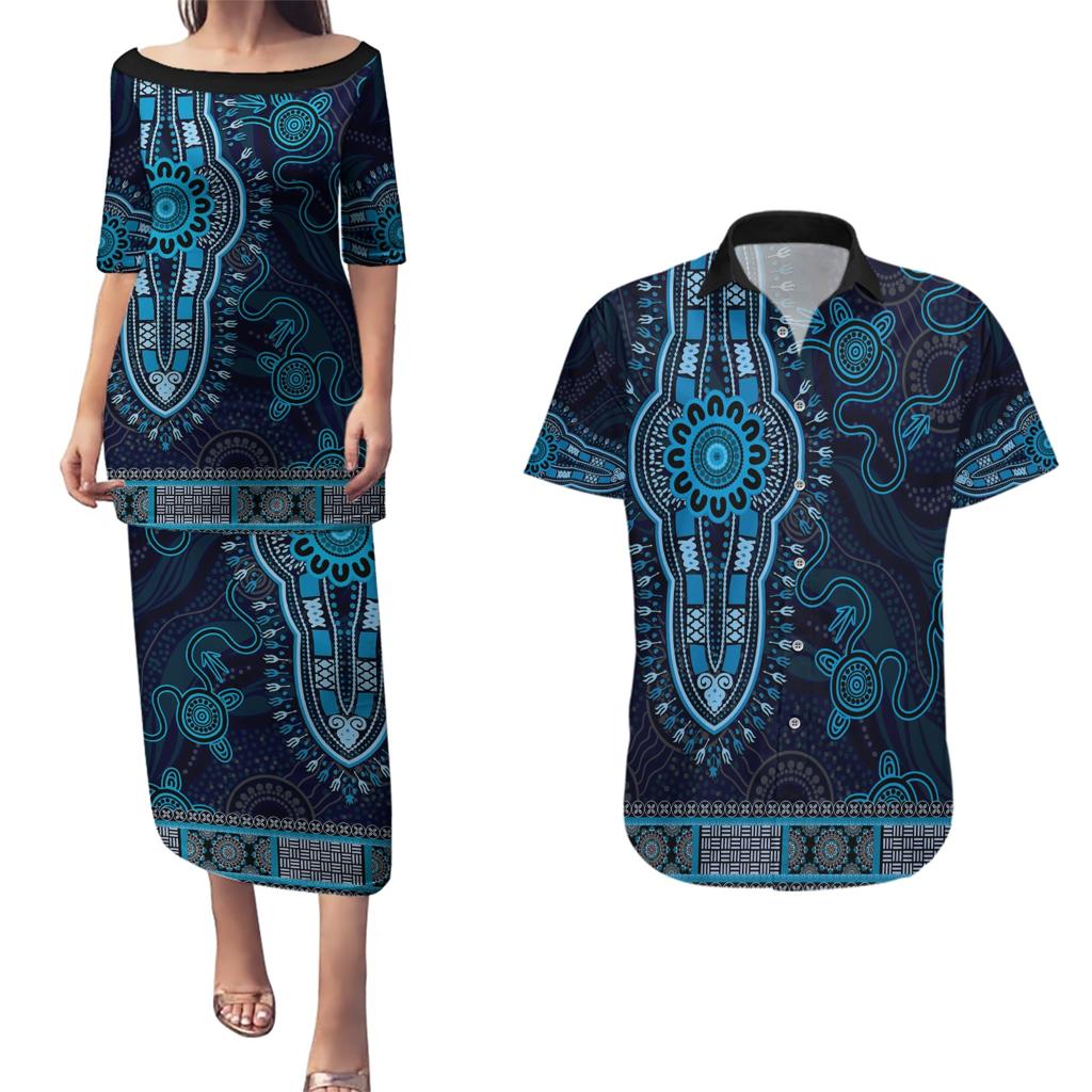 Blue African Dashiki With Australia Aboriginal Art Couples Matching Puletasi and Hawaiian Shirt