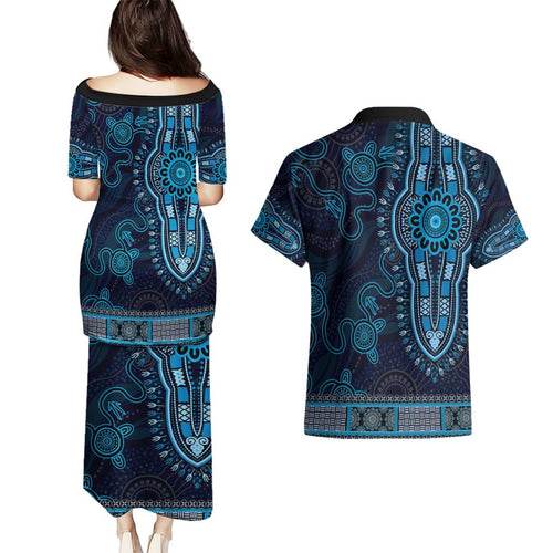 Blue African Dashiki With Australia Aboriginal Art Couples Matching Puletasi and Hawaiian Shirt