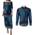 Blue African Dashiki With Australia Aboriginal Art Couples Matching Puletasi and Long Sleeve Button Shirt