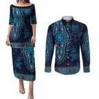 Blue African Dashiki With Australia Aboriginal Art Couples Matching Puletasi and Long Sleeve Button Shirt