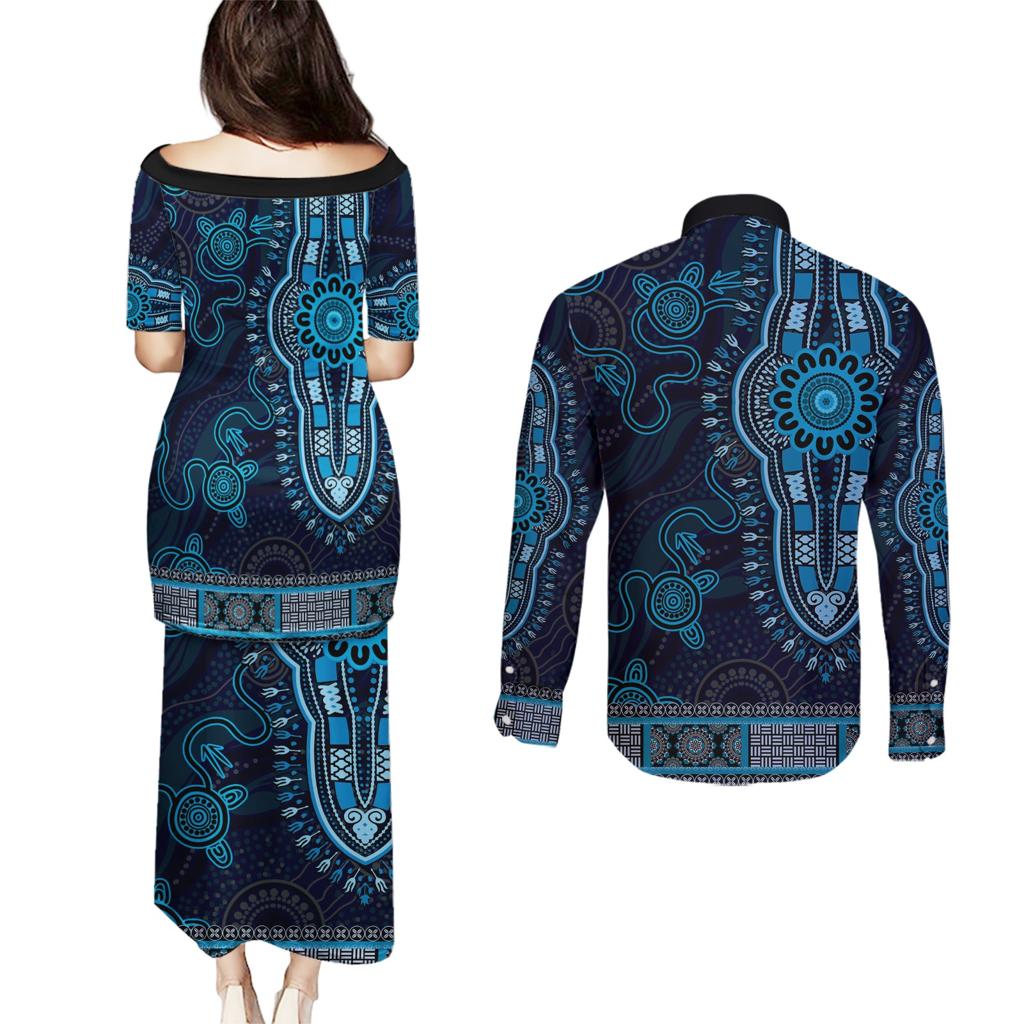 Blue African Dashiki With Australia Aboriginal Art Couples Matching Puletasi and Long Sleeve Button Shirt