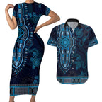 Blue African Dashiki With Australia Aboriginal Art Couples Matching Short Sleeve Bodycon Dress and Hawaiian Shirt