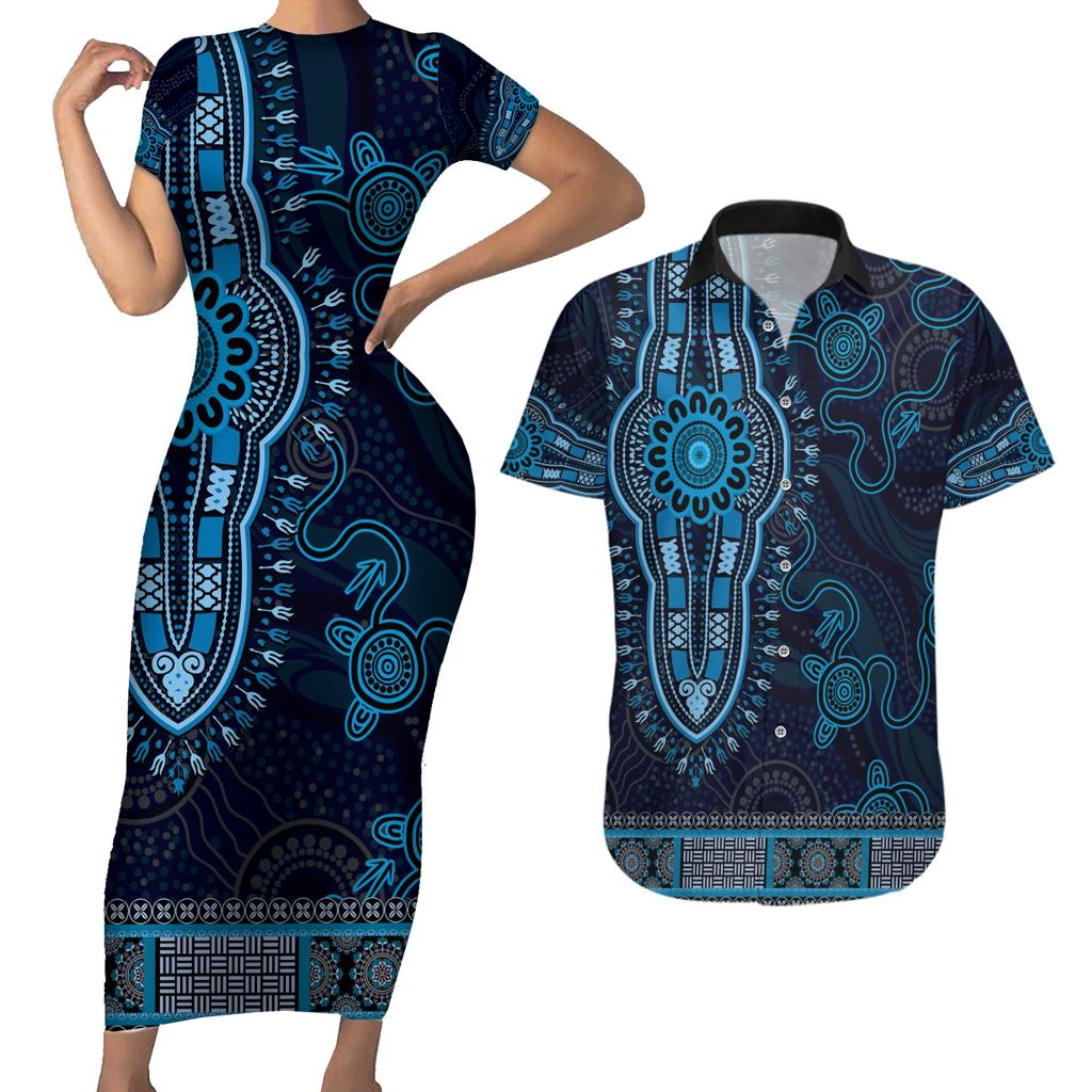 Blue African Dashiki With Australia Aboriginal Art Couples Matching Short Sleeve Bodycon Dress and Hawaiian Shirt