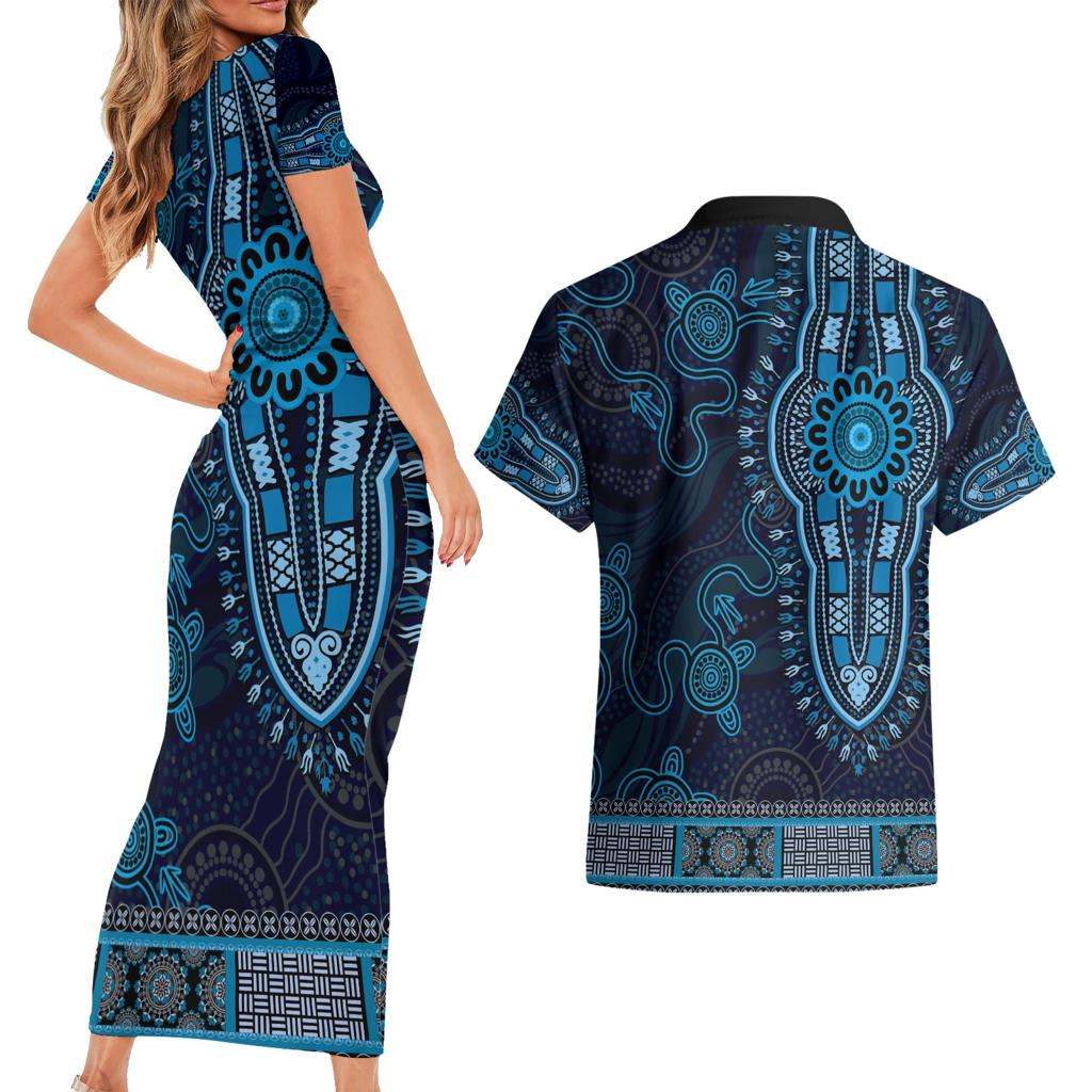 Blue African Dashiki With Australia Aboriginal Art Couples Matching Short Sleeve Bodycon Dress and Hawaiian Shirt