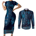 Blue African Dashiki With Australia Aboriginal Art Couples Matching Short Sleeve Bodycon Dress and Long Sleeve Button Shirt