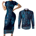 Blue African Dashiki With Australia Aboriginal Art Couples Matching Short Sleeve Bodycon Dress and Long Sleeve Button Shirt