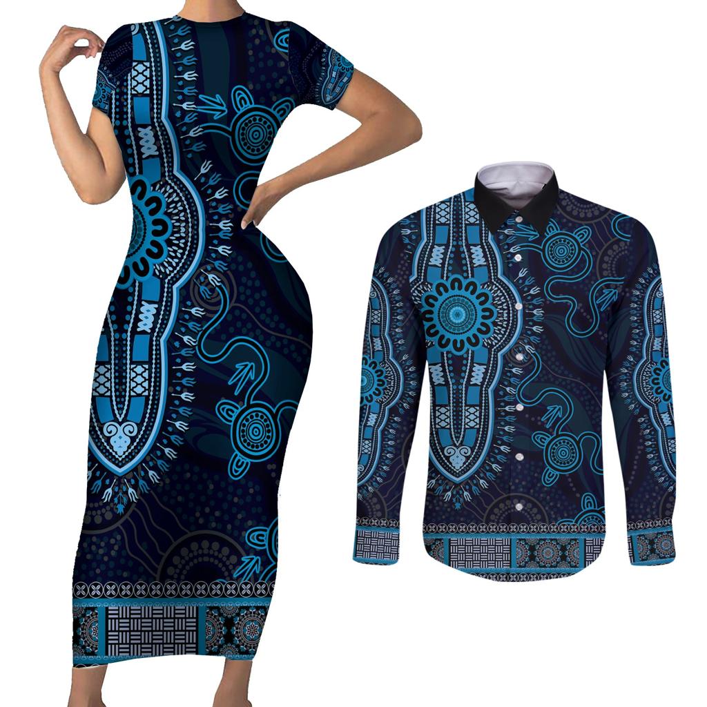 Blue African Dashiki With Australia Aboriginal Art Couples Matching Short Sleeve Bodycon Dress and Long Sleeve Button Shirt