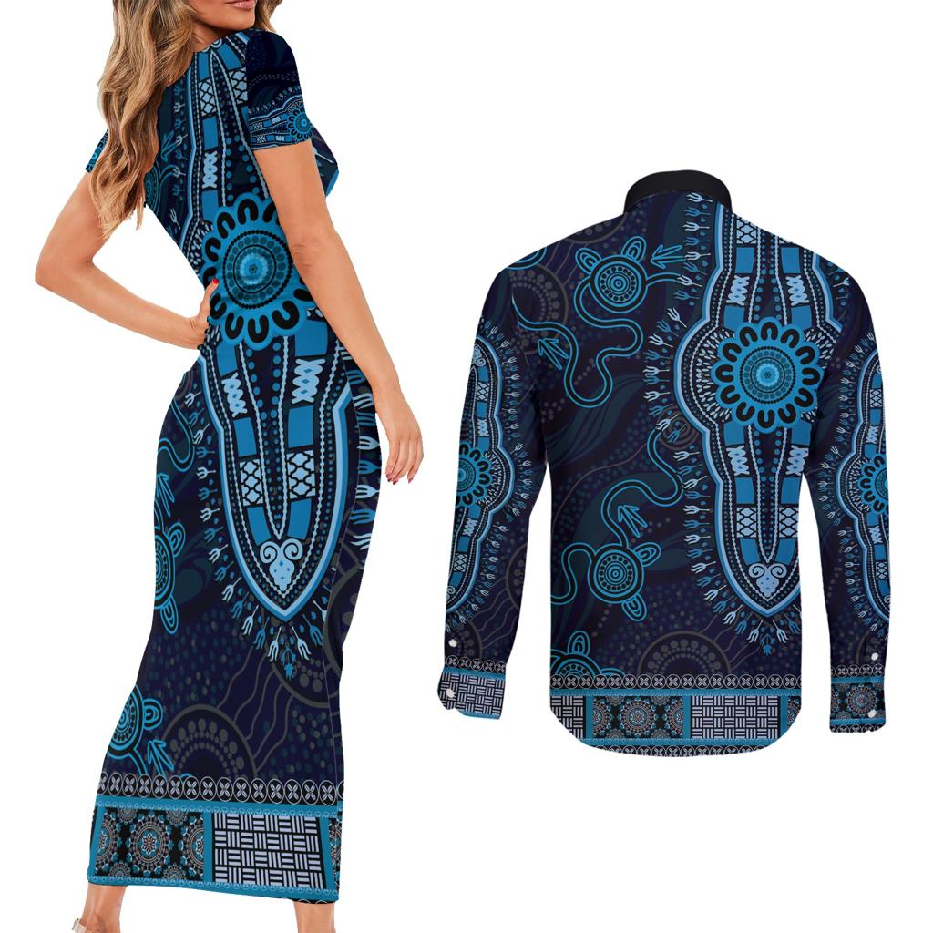 Blue African Dashiki With Australia Aboriginal Art Couples Matching Short Sleeve Bodycon Dress and Long Sleeve Button Shirt