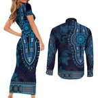 Blue African Dashiki With Australia Aboriginal Art Couples Matching Short Sleeve Bodycon Dress and Long Sleeve Button Shirt