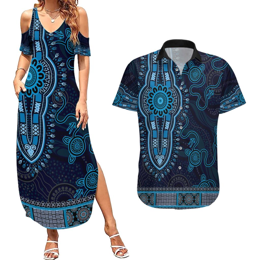 Blue African Dashiki With Australia Aboriginal Art Couples Matching Summer Maxi Dress and Hawaiian Shirt