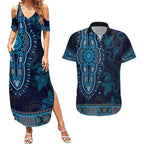 Blue African Dashiki With Australia Aboriginal Art Couples Matching Summer Maxi Dress and Hawaiian Shirt