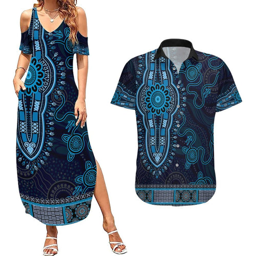 Blue African Dashiki With Australia Aboriginal Art Couples Matching Summer Maxi Dress and Hawaiian Shirt