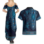 Blue African Dashiki With Australia Aboriginal Art Couples Matching Summer Maxi Dress and Hawaiian Shirt