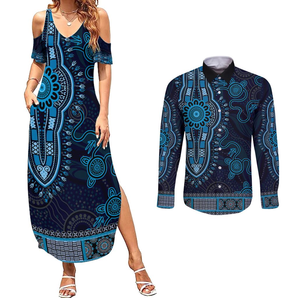 Blue African Dashiki With Australia Aboriginal Art Couples Matching Summer Maxi Dress and Long Sleeve Button Shirt