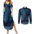 Blue African Dashiki With Australia Aboriginal Art Couples Matching Summer Maxi Dress and Long Sleeve Button Shirt