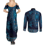 Blue African Dashiki With Australia Aboriginal Art Couples Matching Summer Maxi Dress and Long Sleeve Button Shirt