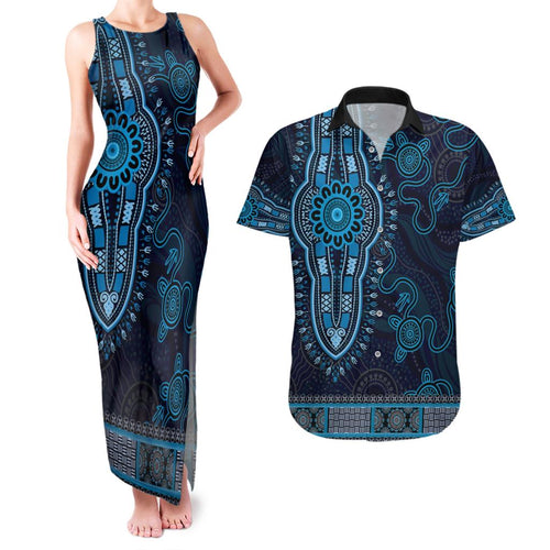 Blue African Dashiki With Australia Aboriginal Art Couples Matching Tank Maxi Dress and Hawaiian Shirt
