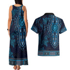 Blue African Dashiki With Australia Aboriginal Art Couples Matching Tank Maxi Dress and Hawaiian Shirt