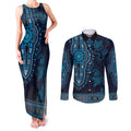 Blue African Dashiki With Australia Aboriginal Art Couples Matching Tank Maxi Dress and Long Sleeve Button Shirt