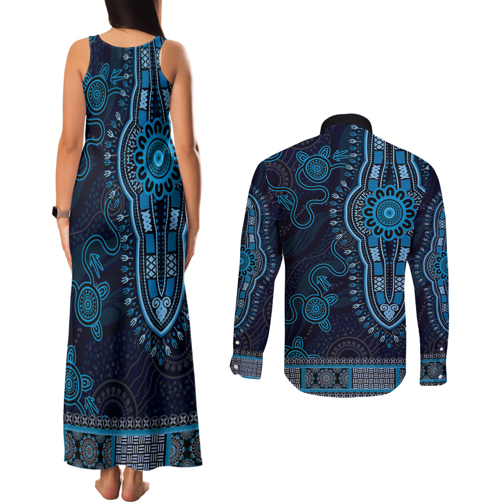 Blue African Dashiki With Australia Aboriginal Art Couples Matching Tank Maxi Dress and Long Sleeve Button Shirt