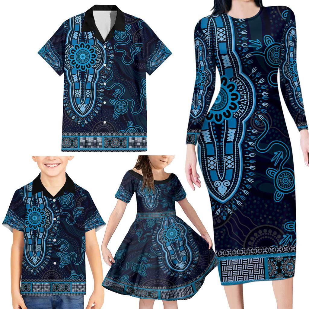 Blue African Dashiki With Australia Aboriginal Art Family Matching Long Sleeve Bodycon Dress and Hawaiian Shirt