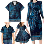 Blue African Dashiki With Australia Aboriginal Art Family Matching Long Sleeve Bodycon Dress and Hawaiian Shirt