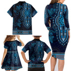 Blue African Dashiki With Australia Aboriginal Art Family Matching Long Sleeve Bodycon Dress and Hawaiian Shirt