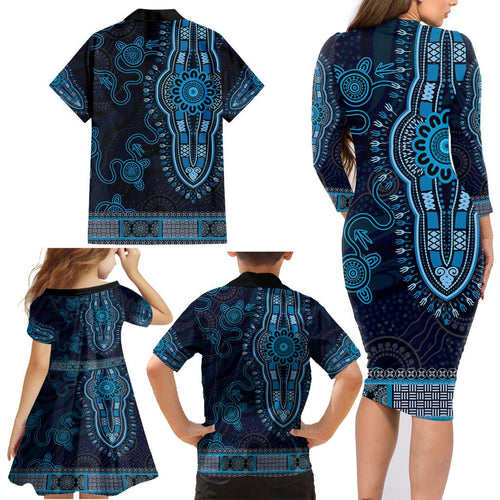 Blue African Dashiki With Australia Aboriginal Art Family Matching Long Sleeve Bodycon Dress and Hawaiian Shirt
