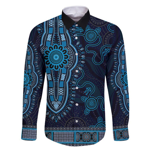 Blue African Dashiki With Australia Aboriginal Art Family Matching Long Sleeve Bodycon Dress and Hawaiian Shirt