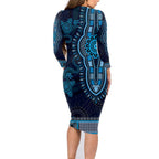 Blue African Dashiki With Australia Aboriginal Art Family Matching Long Sleeve Bodycon Dress and Hawaiian Shirt