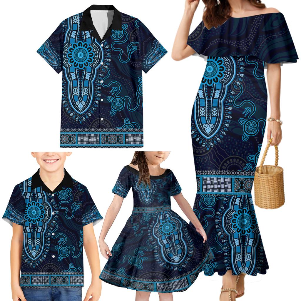 Blue African Dashiki With Australia Aboriginal Art Family Matching Mermaid Dress and Hawaiian Shirt