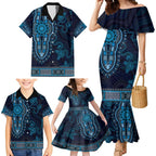 Blue African Dashiki With Australia Aboriginal Art Family Matching Mermaid Dress and Hawaiian Shirt