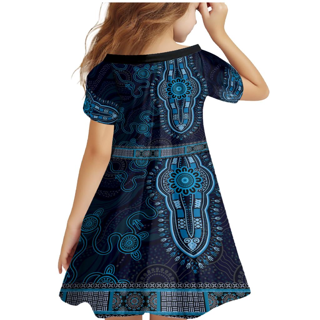 Blue African Dashiki With Australia Aboriginal Art Family Matching Mermaid Dress and Hawaiian Shirt