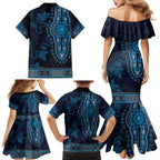 Blue African Dashiki With Australia Aboriginal Art Family Matching Mermaid Dress and Hawaiian Shirt