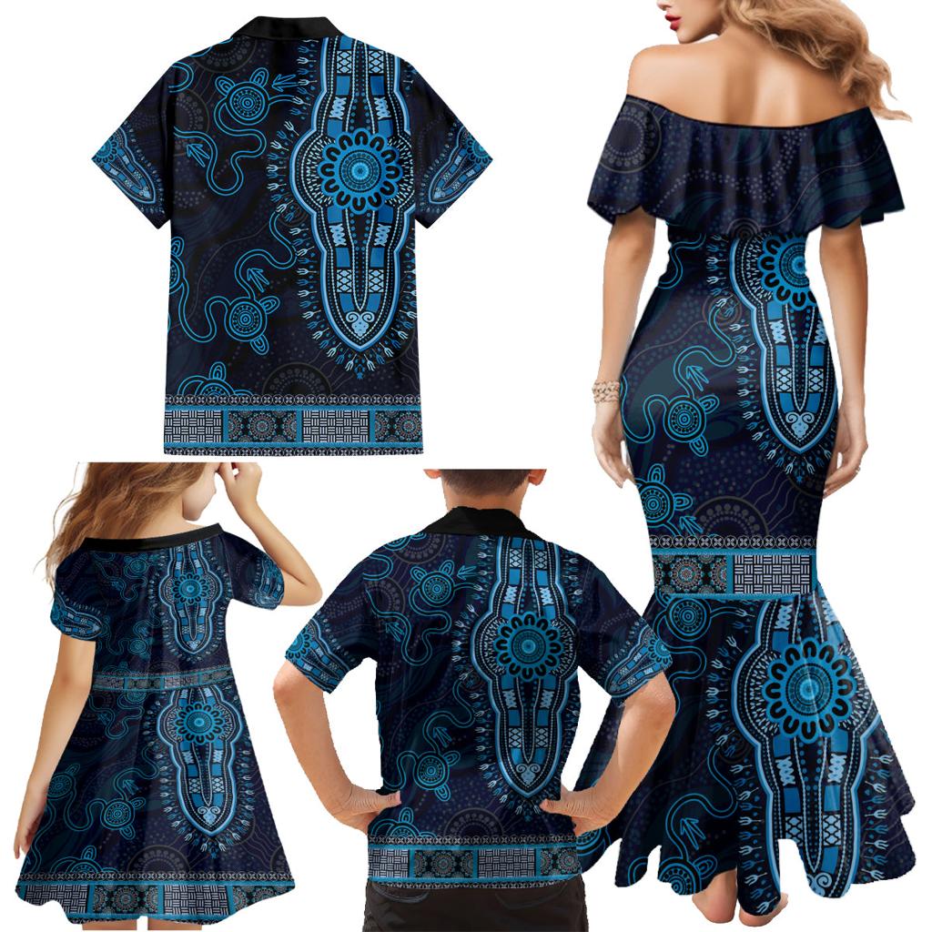 Blue African Dashiki With Australia Aboriginal Art Family Matching Mermaid Dress and Hawaiian Shirt