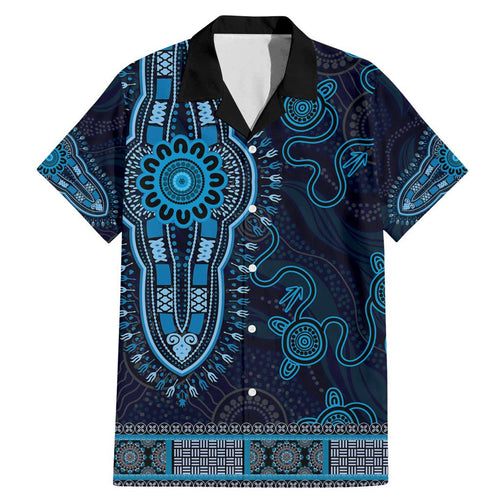 Blue African Dashiki With Australia Aboriginal Art Family Matching Mermaid Dress and Hawaiian Shirt