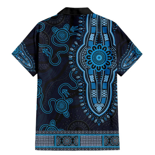 Blue African Dashiki With Australia Aboriginal Art Family Matching Mermaid Dress and Hawaiian Shirt