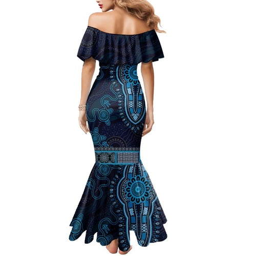 Blue African Dashiki With Australia Aboriginal Art Family Matching Mermaid Dress and Hawaiian Shirt