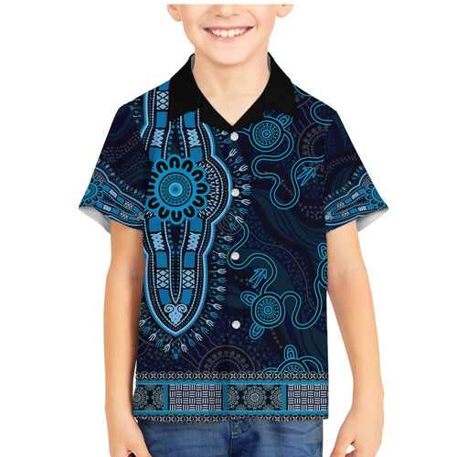 Blue African Dashiki With Australia Aboriginal Art Family Matching Mermaid Dress and Hawaiian Shirt