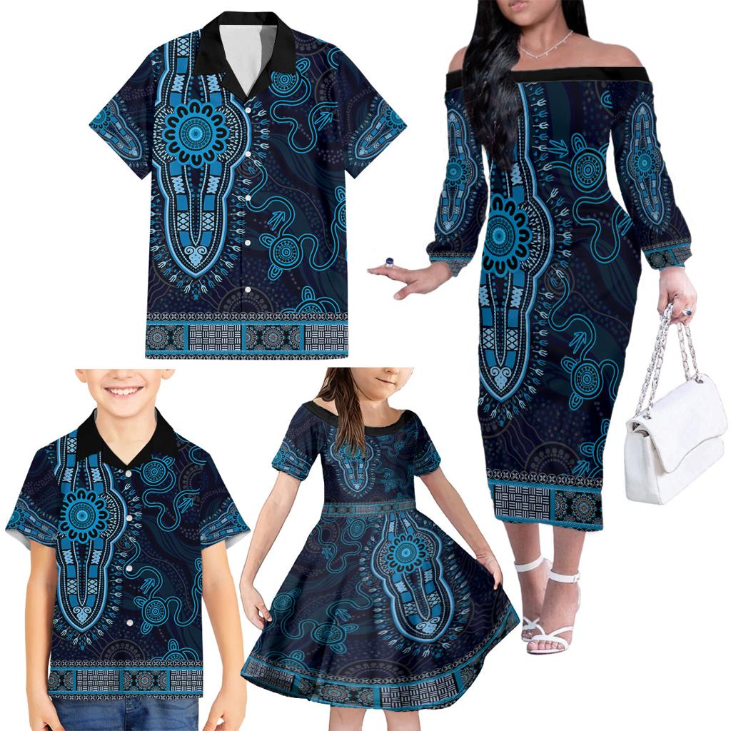 Blue African Dashiki With Australia Aboriginal Art Family Matching Off The Shoulder Long Sleeve Dress and Hawaiian Shirt