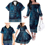 Blue African Dashiki With Australia Aboriginal Art Family Matching Off The Shoulder Long Sleeve Dress and Hawaiian Shirt